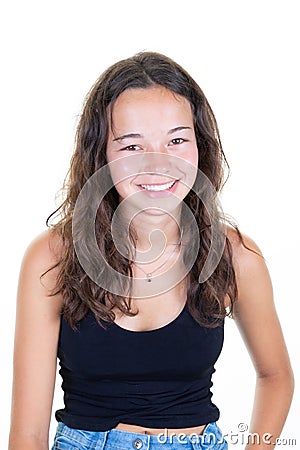 Indoor picture of young good-looking teenage girl isolated on white background in black casual T-shirt feeling relaxed and Stock Photo