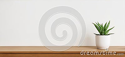 An indoor plant in a white pot resting on a wooden shelf against a clean white backdrop Stock Photo