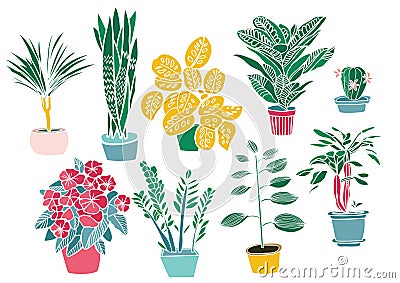 Indoor plants and flowers, hand drawing, set Stock Photo