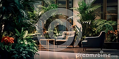 Indoor plants and greenery create a calming and nature-inspired atmosphere in the lobby. Generative AI Stock Photo