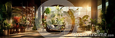 Indoor plants and greenery create a calming and nature-inspired atmosphere in the lobby. Generative AI Stock Photo