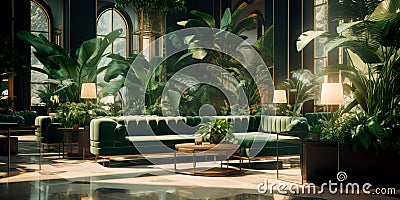 Indoor plants and greenery create a calming and nature-inspired atmosphere in the lobby. Generative AI Stock Photo