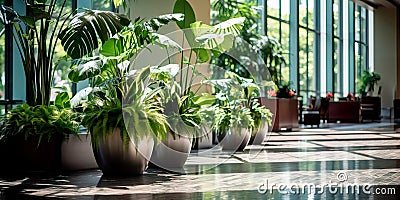 Indoor plants and greenery create a calming and nature-inspired atmosphere in the lobby. Generative AI Stock Photo