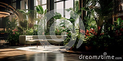 Indoor plants and greenery create a calming and nature-inspired atmosphere in the lobby. Generative AI Stock Photo