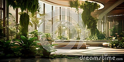 Indoor plants and greenery create a calming and nature-inspired atmosphere in the lobby. Generative AI Stock Photo