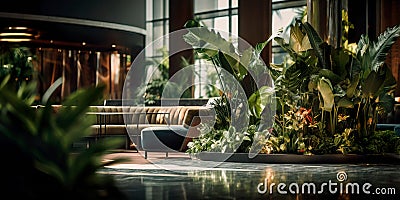 Indoor plants and greenery create a calming and nature-inspired atmosphere in the lobby. Generative AI Stock Photo