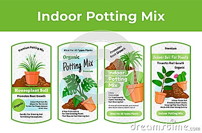 Indoor potting gardening mix sticker set vector flat illustration. Planting flowers in pot package Vector Illustration