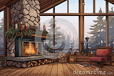 indoor rustic fireplace in front of a full-height glass window, magazine style illustration Cartoon Illustration