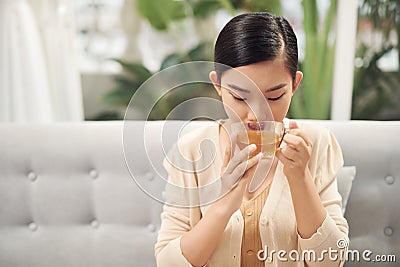 Indoor shot of a smiling asian woman drinking tea Stock Photo