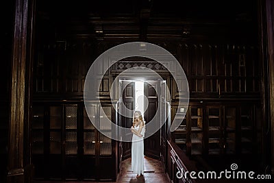 Indoor summer portrait of young pretty cute girl. Beautiful woman posing beside fairytale door inside wood cabinet, scars old cast Stock Photo