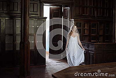 Indoor summer portrait of young pretty cute girl. Beautiful woman posing beside fairytale door inside wood cabinet, scars old cast Stock Photo