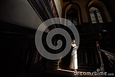 Indoor summer portrait of young pretty cute girl. Beautiful woman posing beside fairytale window inside cabinet, scars old castle. Stock Photo