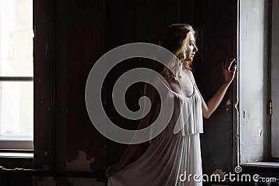 Indoor summer portrait of young pretty cute girl. Beautiful woman posing beside two fairytale windows inside wood cabinet, scars o Stock Photo