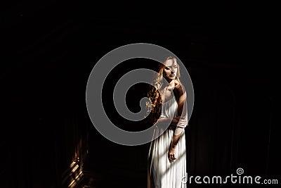 Indoor summer portrait of young pretty cute girl. Beautiful woman posing beside fairytale window inside wood cabinet, scars old ca Stock Photo