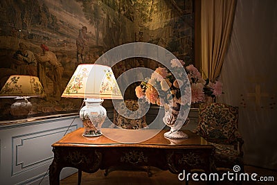 Indoor view of the Cheverny Castle, ChÃ¢teau de Cheverny, view of the showroom with exquisite decoration Editorial Stock Photo