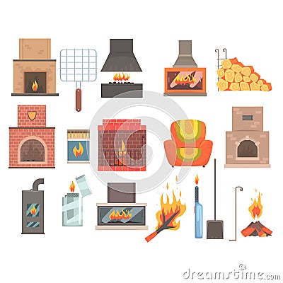 Indoors And Outdoors Fireplaces And Bonfires With Related Attributes And Tools Set Of Vector Cartoon Objects Vector Illustration