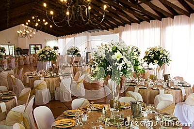 Indoors wedding reception venue with decor Stock Photo