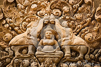 Indra carving, Banteay Srei, Angkor Stock Photo