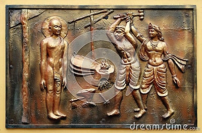 Indra prevents an ignorant cowherd from assaulting Bhagavan Mahavira Editorial Stock Photo