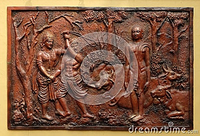 Indra prevents an ignorant cowherd from assaulting Bhagavan Mahavira Stock Photo