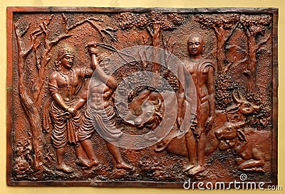 Indra prevents an ignorant cowherd from assaulting Bhagavan Mahavira Stock Photo