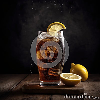 Refreshing glass of carbonated cola with foam head and lemon slice garnish Stock Photo