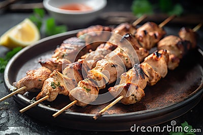Ai Generative Grilled chicken fillet on skewers with lemon and parsley Stock Photo