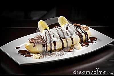 Indulge in Delight: Top-Down Banana Split Dessert Temptation Stock Photo