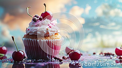 Whimsical Delight, A Scrumptious Cupcake Adorned With Fluffy Whipped Cream and Luscious Cherries Stock Photo