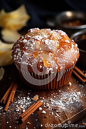 Homemade warm Apple Pie muffin with golden nutmeg sprinkled with cinnamon sugar Stock Photo