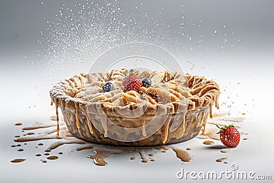 Ai Generative Delicious fruit tartlet or Tasty apple pie on a grey background with splashes of cream Stock Photo