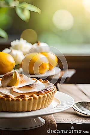 lemon pie with lemon creamy garnish, blur background Stock Photo
