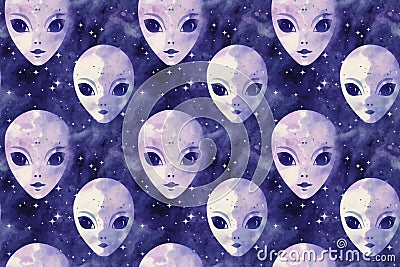 Extraterrestrial Elegance: Beautiful Alien Faces on a Blue Starry Background with Subtle Haze Stock Photo