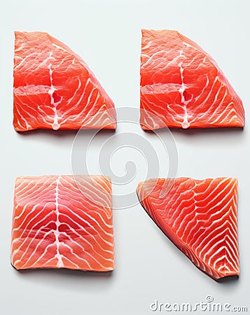 Indulge in Exquisite Cuts: Four Perfect Salmon Fillets on a Pure White Background Stock Photo