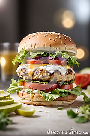 Succulent Grilled Chicken Burger with Fresh Greens Stock Photo