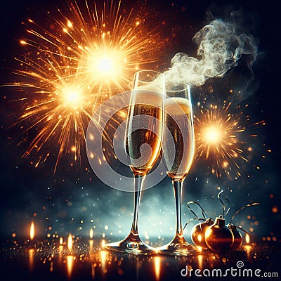 Champagne Toast Celebration in 3D: Captivating Photography with Firework Backdrop, Tattoo Art, and Blue Sky Elegance Stock Photo