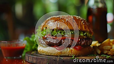 Indulge in the flavorful delight of a delectable burger tempting culinary satisfaction Stock Photo