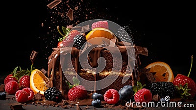 Indulge in a fruity chocolate dessert that packs an explosion of flavor. Captured in a food photography style on a dark backdrop. Stock Photo