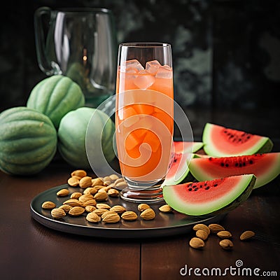 Tall Glass of Sweet and Refreshing Melon Sa Malamig with Sweet Treats Stock Photo