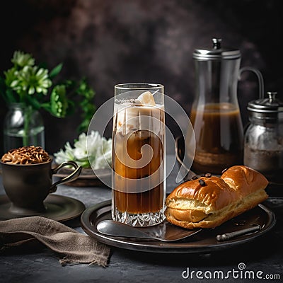 Tall Glass of Rich and Creamy Vietnamese Iced Coffee with Sweet Pastries Stock Photo