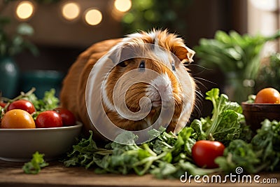 Lettuce Feast: Cute and Charming Guinea Pig's Snack Time Stock Photo