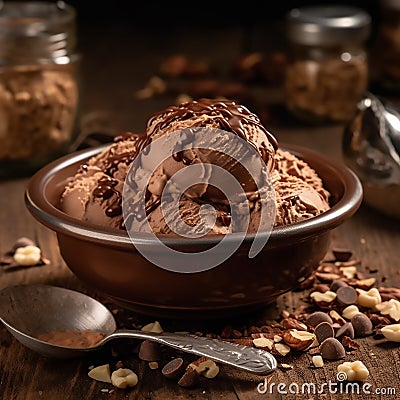 nutty brown ice cream and sweet chocolate syrup Stock Photo