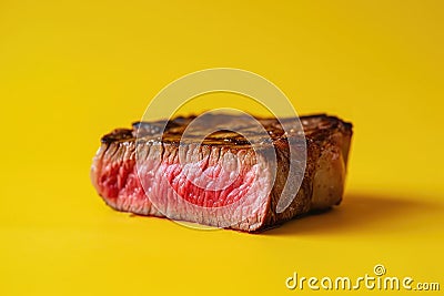 Indulge in the irresistible appeal of a succulent piece of steak showcased against a striking yellow backdrop, A colorful Stock Photo