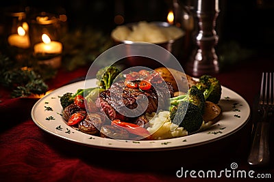 Succulent Feast: Top-Down Image of Medium-Rare Steak with Sides on Rustic Plate Stock Photo