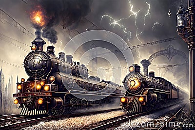 The Panoramic View of Two Steam Locomotives Pulling Trains under a Fantastic Sky. AI generated Stock Photo