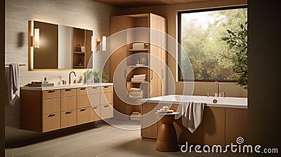 Tranquil Spa-Inspired Bathroom: Natural Materials, Minimalist Design, and Neutral Color Palette Stock Photo