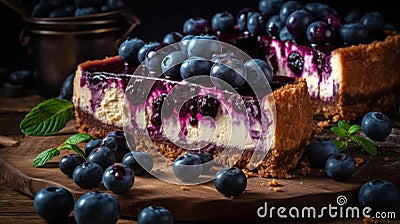 A mouthwatering blueberry cheesecake with a graham cracker crust created with Generative AI Stock Photo