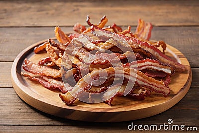 Cooked Greasy Bacon on a wood plate Stock Photo