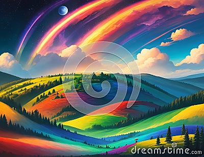Abstract Landscape: Vibrant Colors and Celestial Wonders AI-Generated Description Stock Photo