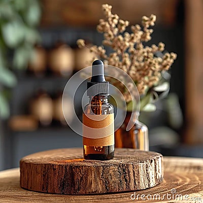 Indulge in the sophistication of this serum bottle presented on a contemporary podium. Stock Photo